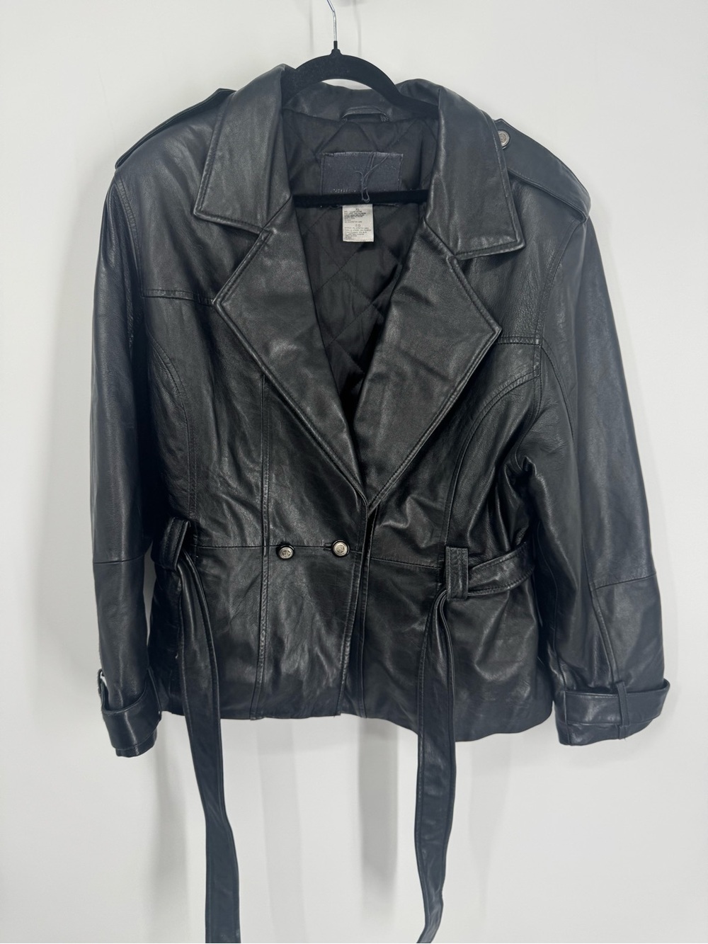 Black vintage Genuine Leather Belted Trench Jacket Size XL